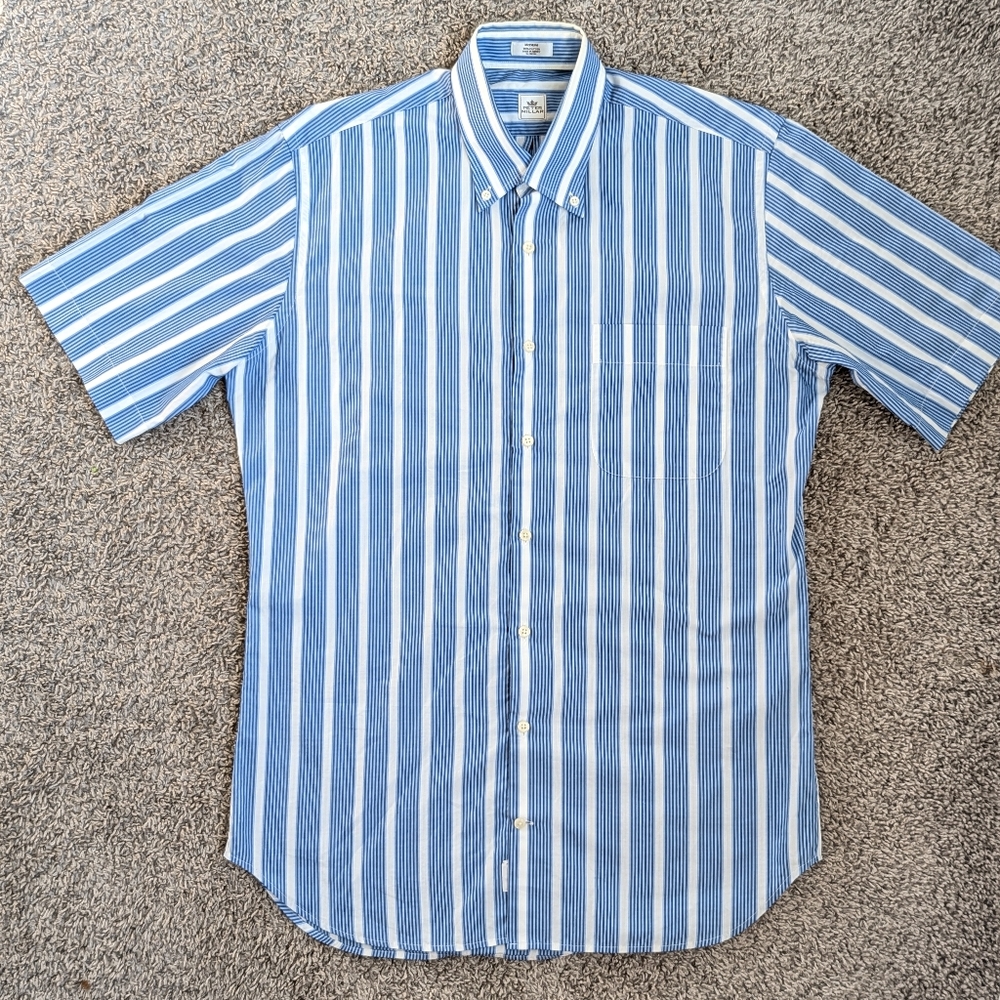 Men's Peter Millar Blue Vertical Stripe Poplin Short Sleeve Button Up Shirt Sz M